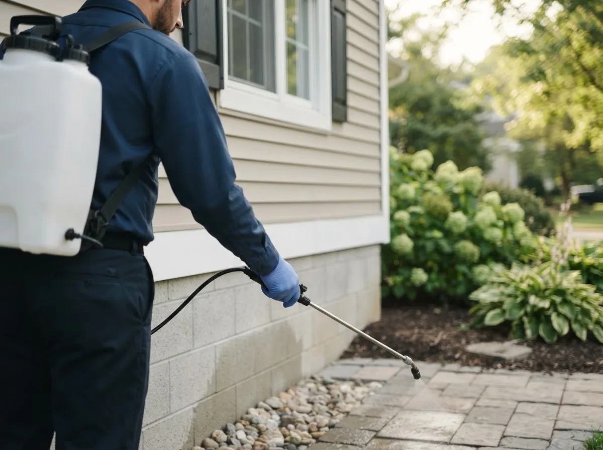 Pest control technician inspecting a home in Sibley, IL
